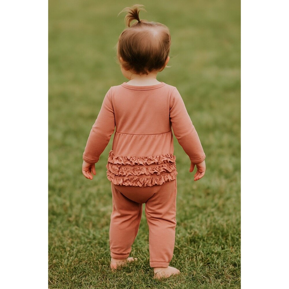 RuffleButts Toddler Girls Romper Jumpsuit 2T Pink Coral Ruffle Bum Long Sleeve